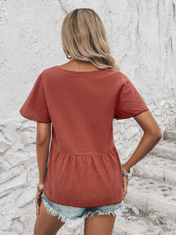 Solid Button Front Peplum Blouse