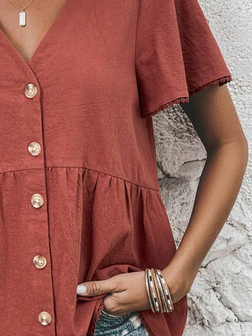 Solid Button Front Peplum Blouse