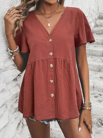 Solid Button Front Peplum Blouse