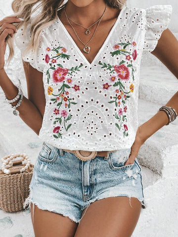 Floral Embroidery Butterfly Sleeve Schiffy Blouse
