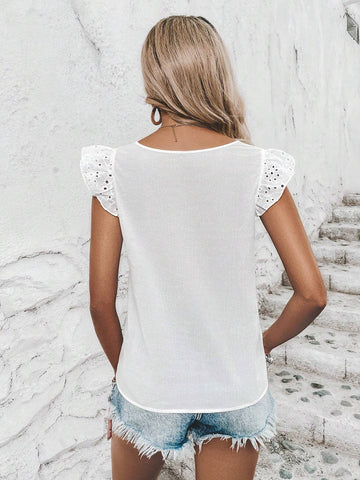 Floral Embroidery Butterfly Sleeve Schiffy Blouse
