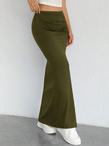 EZwear Solid Split Thigh Ruched Detail Skirt