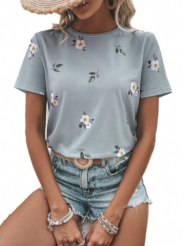 EMERY ROSE Floral Print Round Neck Tee