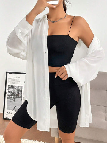 Solid Drop Shoulder Button Front Shirt Without Camisole