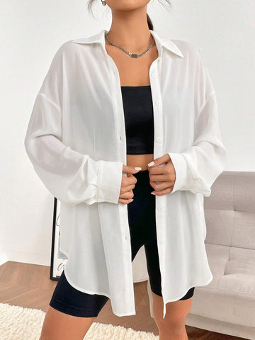 Solid Drop Shoulder Button Front Shirt Without Camisole
