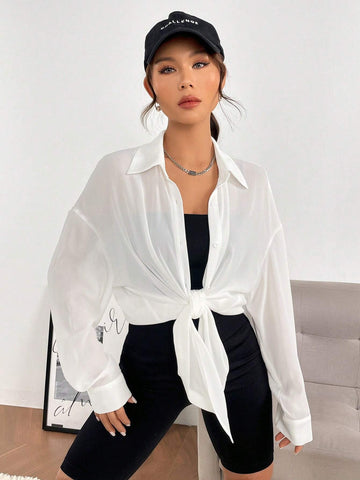 Solid Drop Shoulder Button Front Shirt Without Camisole