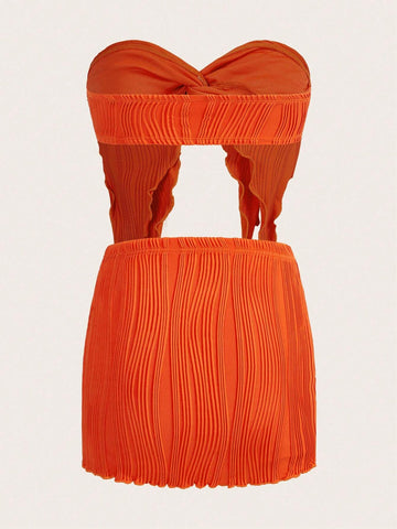 Twist Front Asymmetrical Hem Crop Tube Top & Bodycon Skirt