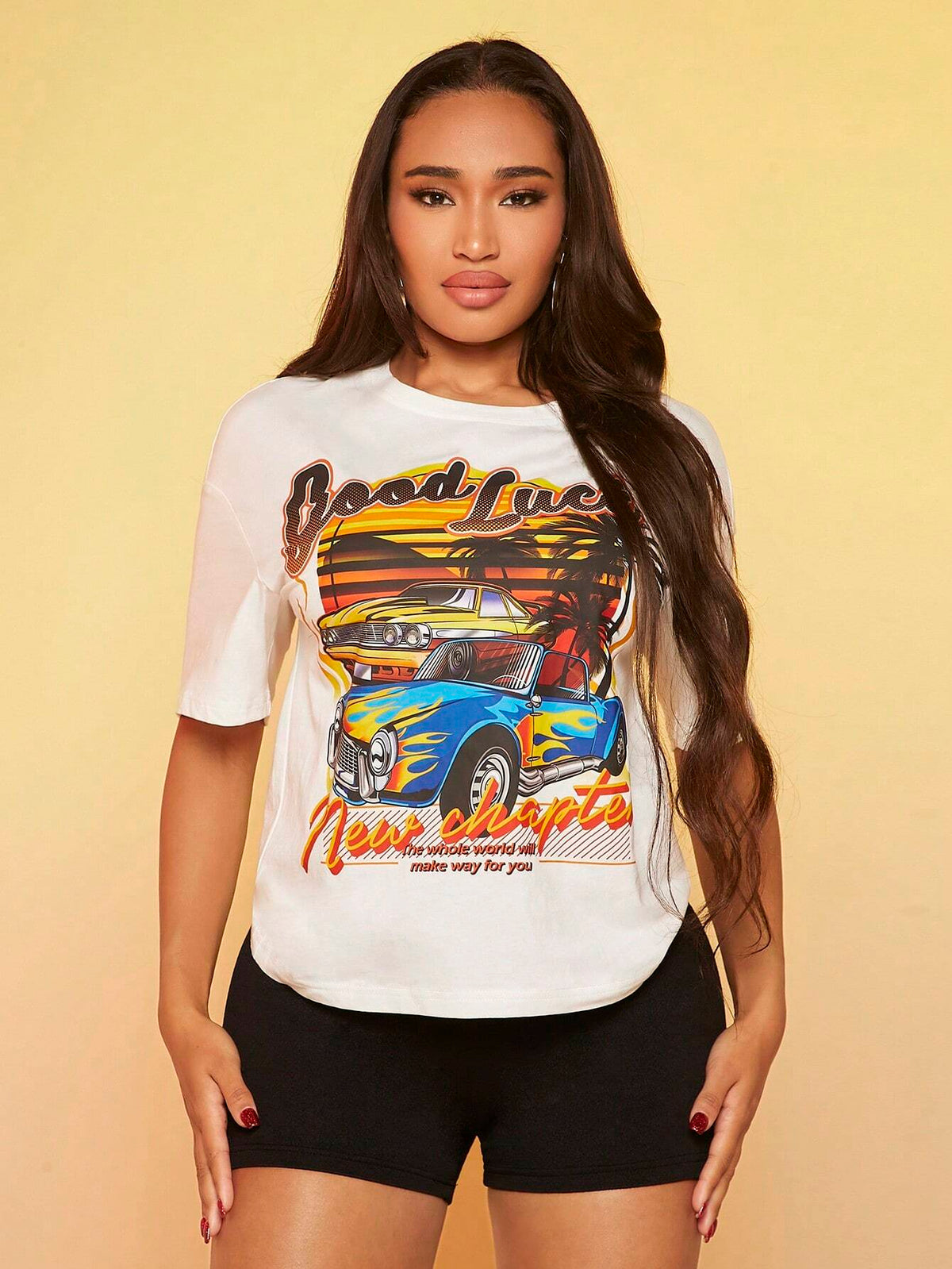 SXY Car & Letter Graphic Drop Shoulder Tee