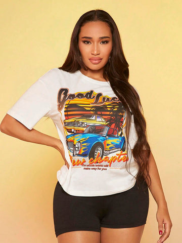 SXY Car & Letter Graphic Drop Shoulder Tee