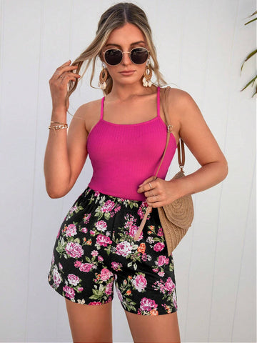 EMERY ROSE Solid Cami Top & Floral Print Shorts
