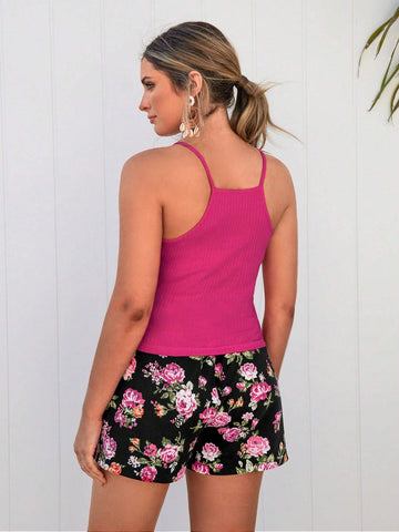 EMERY ROSE Solid Cami Top & Floral Print Shorts