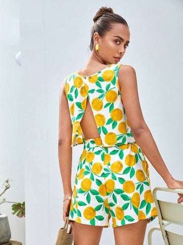 Allover Print Split Back Tank Top & Shorts