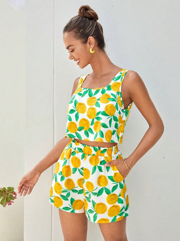 Allover Print Split Back Tank Top & Shorts