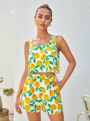 Allover Print Split Back Tank Top & Shorts