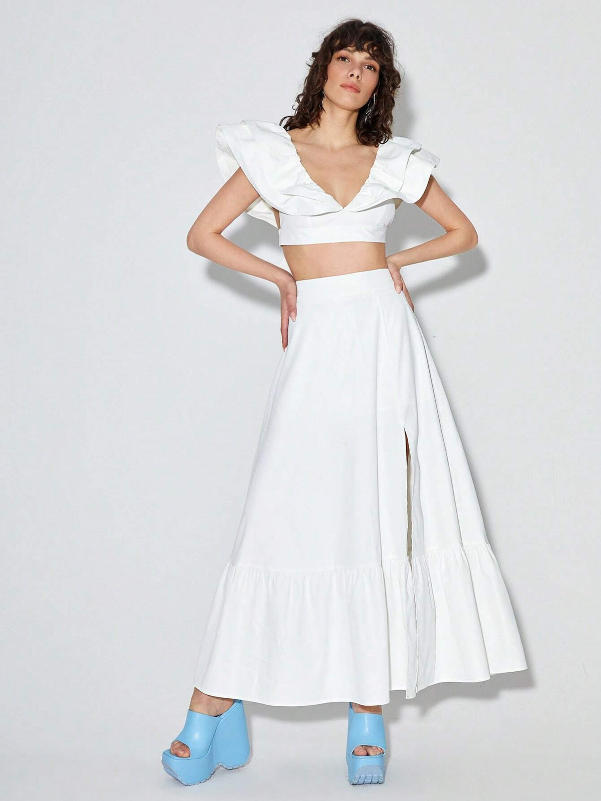 Ruffle Trim Crop Top & Split Thigh Skirt