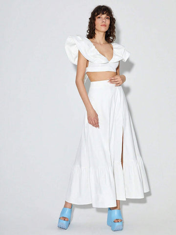 Ruffle Trim Crop Top & Split Thigh Skirt