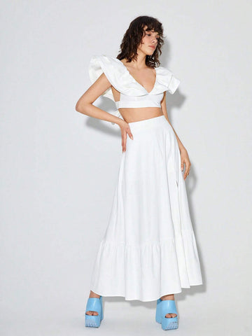 Ruffle Trim Crop Top & Split Thigh Skirt