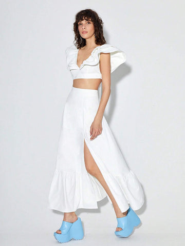 Ruffle Trim Crop Top & Split Thigh Skirt