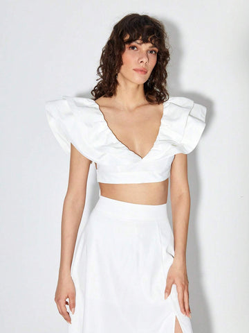 Ruffle Trim Crop Top & Split Thigh Skirt