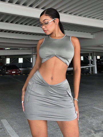Solid Crop Tank Top & Flap Pocket Bodycon Skirt