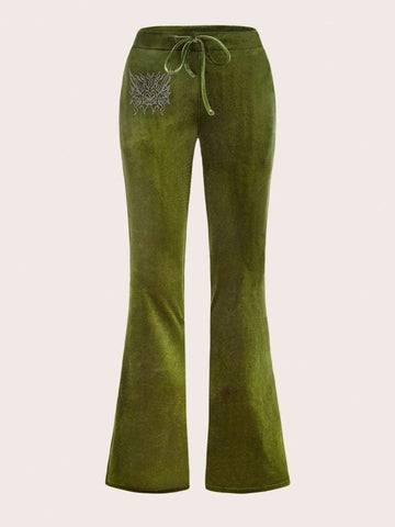 ICON Heart Rhinestone Drawstring Waist Flare Leg Pants