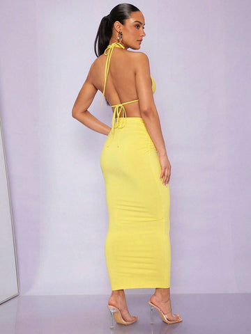 Draped Collar Tie Backless Halter Top & Pencil Skirt