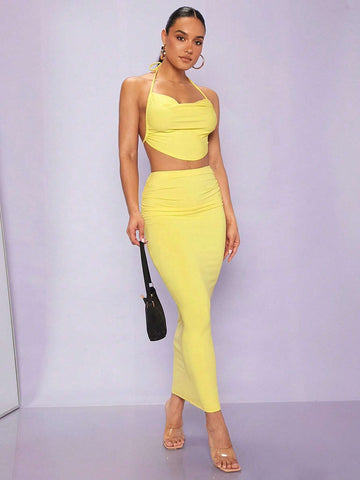 Draped Collar Tie Backless Halter Top & Pencil Skirt