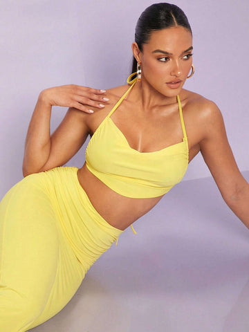 Draped Collar Tie Backless Halter Top & Pencil Skirt