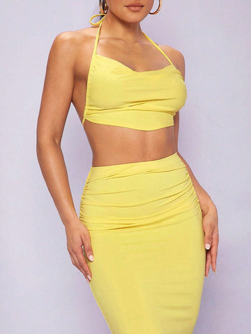 Draped Collar Tie Backless Halter Top & Pencil Skirt