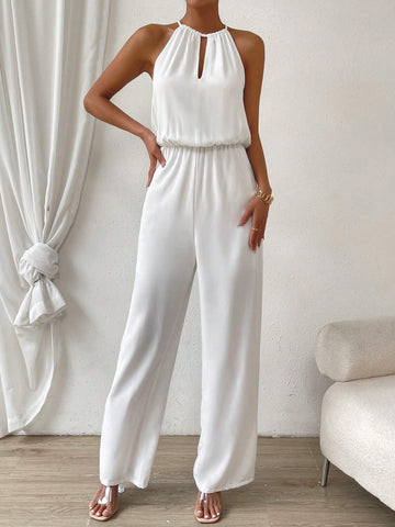 Keyhole Neckline Tie Back Halter Jumpsuit
