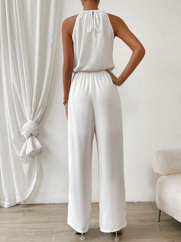Keyhole Neckline Tie Back Halter Jumpsuit