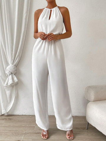 Keyhole Neckline Tie Back Halter Jumpsuit