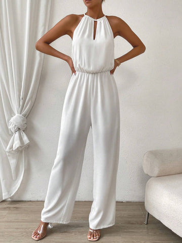 Keyhole Neckline Tie Back Halter Jumpsuit