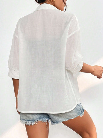 Solid Drop Shoulder Button Front Shirt