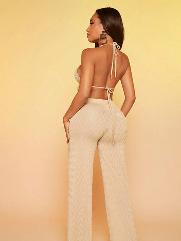 Tie Backless Tassel Hem Crop Halter Top & Pants