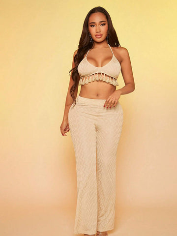 Tie Backless Tassel Hem Crop Halter Top & Pants