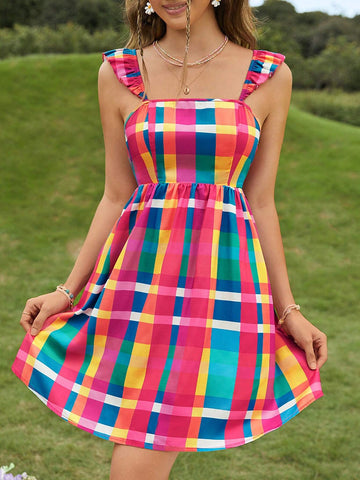 Plaid Print Tie Backless Ruffle Trim Dress