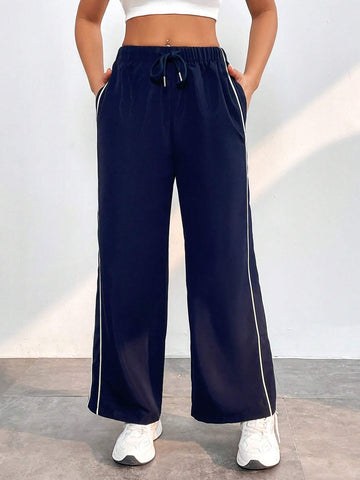 PETITE Contrast Piping Drawstring Waist Wide Leg Pants