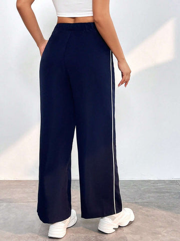PETITE Contrast Piping Drawstring Waist Wide Leg Pants