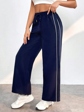 PETITE Contrast Piping Drawstring Waist Wide Leg Pants