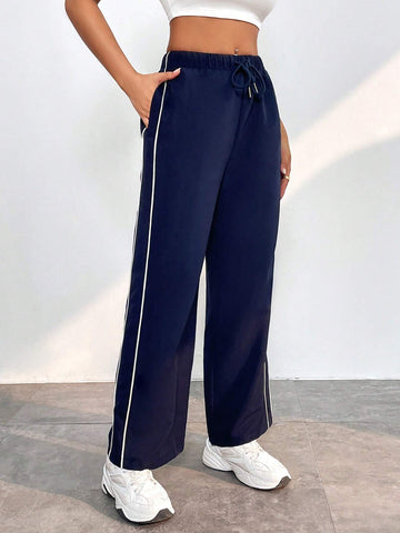 PETITE Contrast Piping Drawstring Waist Wide Leg Pants