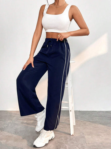 PETITE Contrast Piping Drawstring Waist Wide Leg Pants