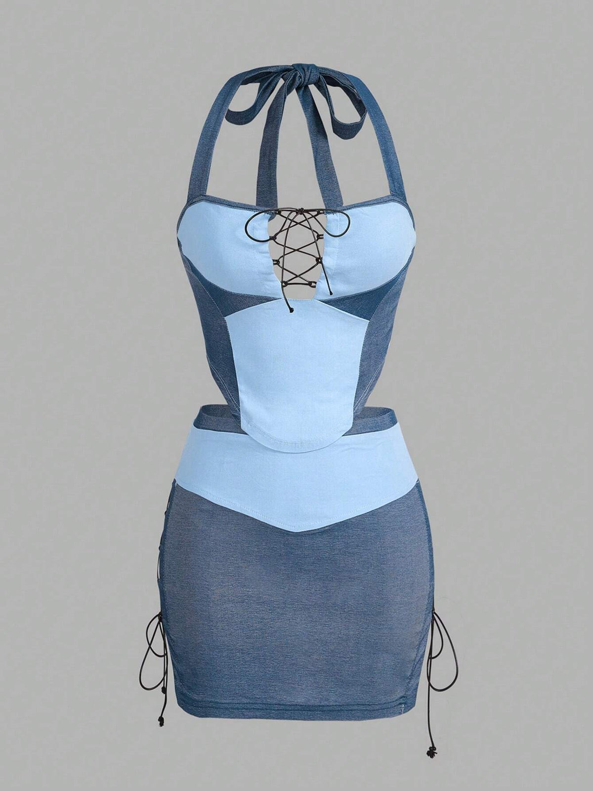 Colorblock Lace Up Front Halter Top & Drawstring Side Bodycon Skirt