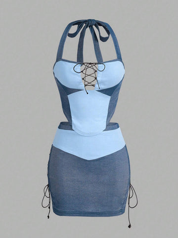 Colorblock Lace Up Front Halter Top & Drawstring Side Bodycon Skirt