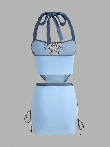 Colorblock Lace Up Front Halter Top & Drawstring Side Bodycon Skirt