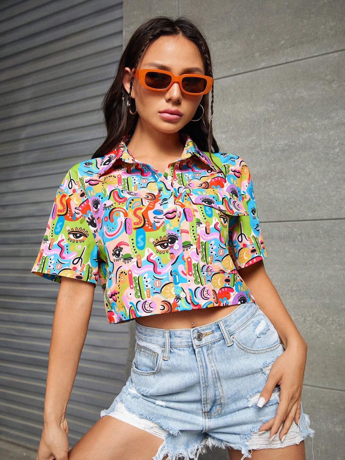 Allover Print Drop Shoulder Crop Shirt