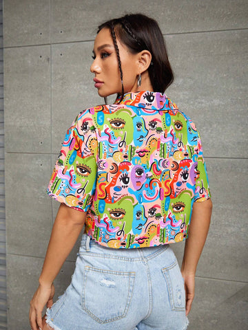 Allover Print Drop Shoulder Crop Shirt