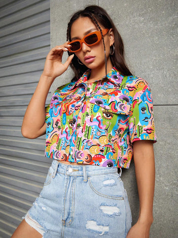 Allover Print Drop Shoulder Crop Shirt