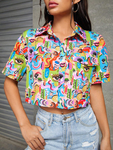 Allover Print Drop Shoulder Crop Shirt