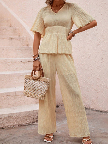 EMERY ROSE Solid Butterfly Sleeve Peplum Blouse & Wide Leg Pants